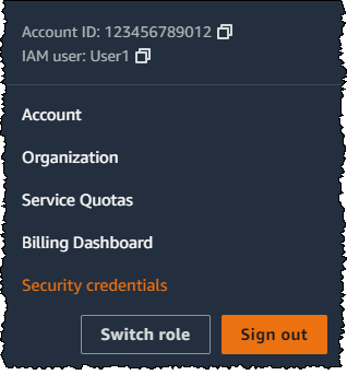 AWS Management Console Security credentials link